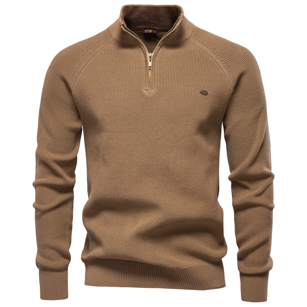 Suéter de punto sólido transpirable con cuello alto y media cremallera premium para hombre, para uso informal en otoño e invierno.