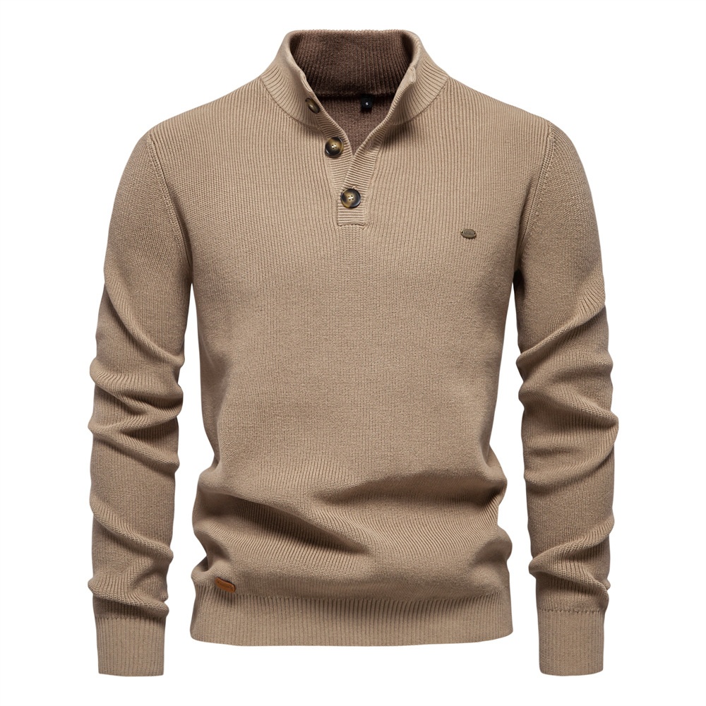Suéter de punto sólido transpirable con cuello alto y media cremallera premium para hombre, para uso informal en otoño e invierno.