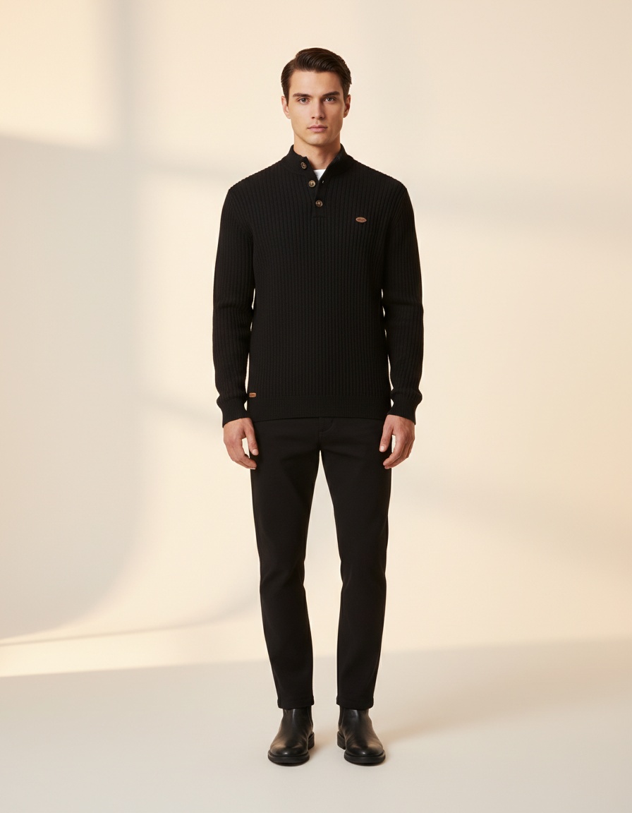 Suéter de punto sólido transpirable con cuello alto y media cremallera premium para hombre, para uso informal en otoño e invierno.