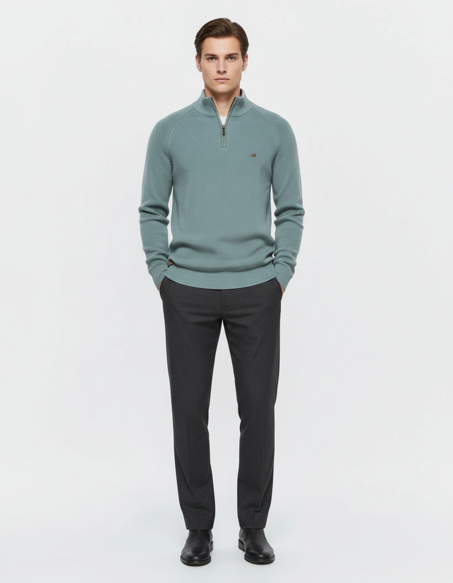 Suéter de punto sólido transpirable con cuello alto y media cremallera premium para hombre, para uso informal en otoño e invierno.