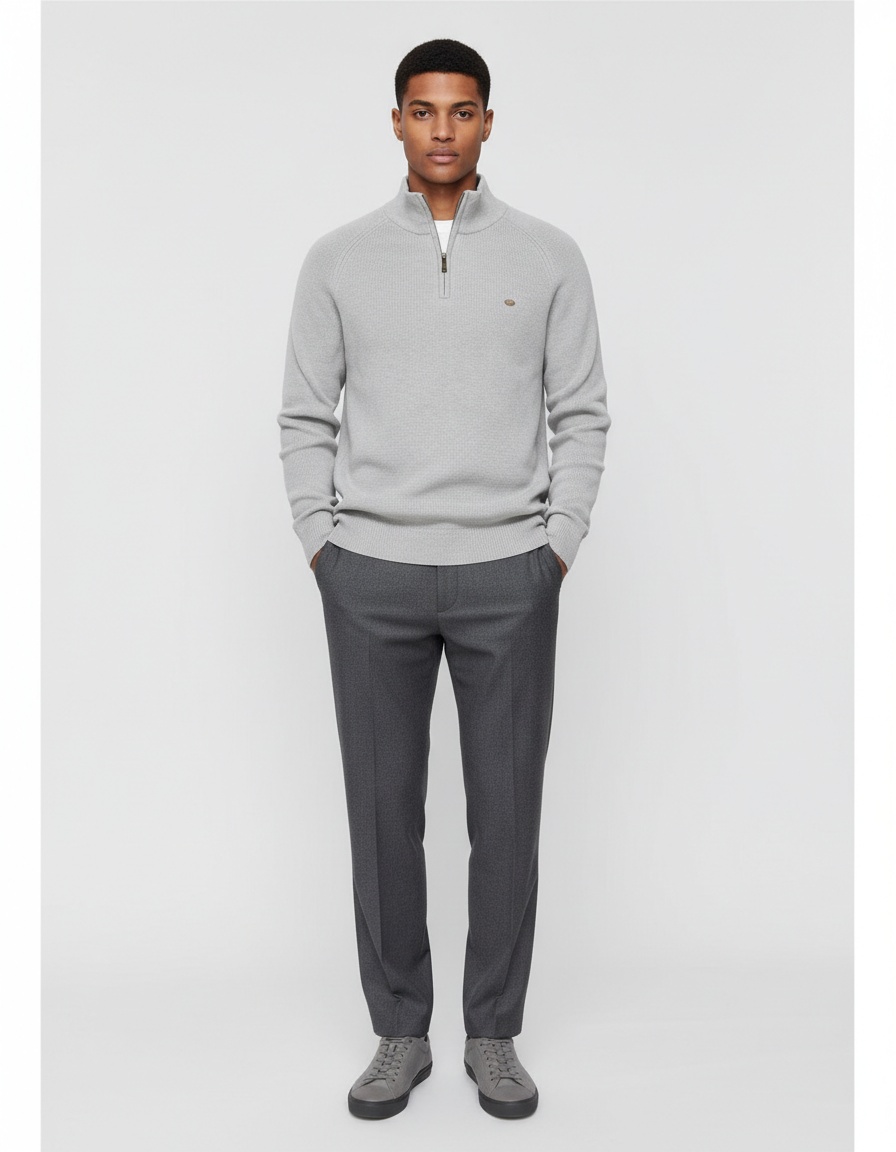 Suéter de punto sólido transpirable con cuello alto y media cremallera premium para hombre, para uso informal en otoño e invierno.