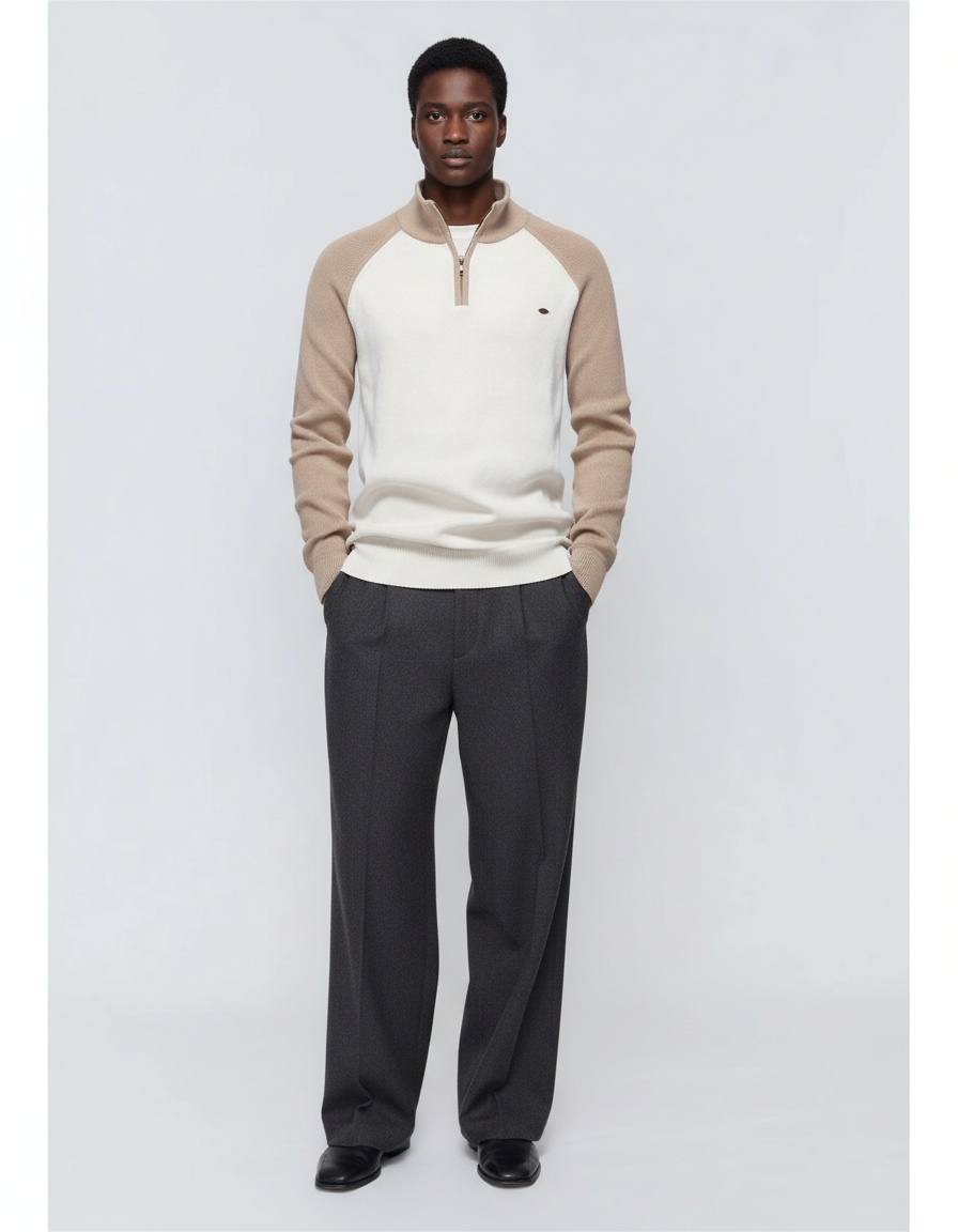 Suéter de punto sólido transpirable con cuello alto y media cremallera premium para hombre, para uso informal en otoño e invierno.