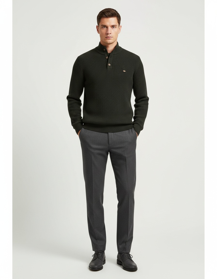 Suéter de punto sólido transpirable con cuello alto y media cremallera premium para hombre, para uso informal en otoño e invierno.