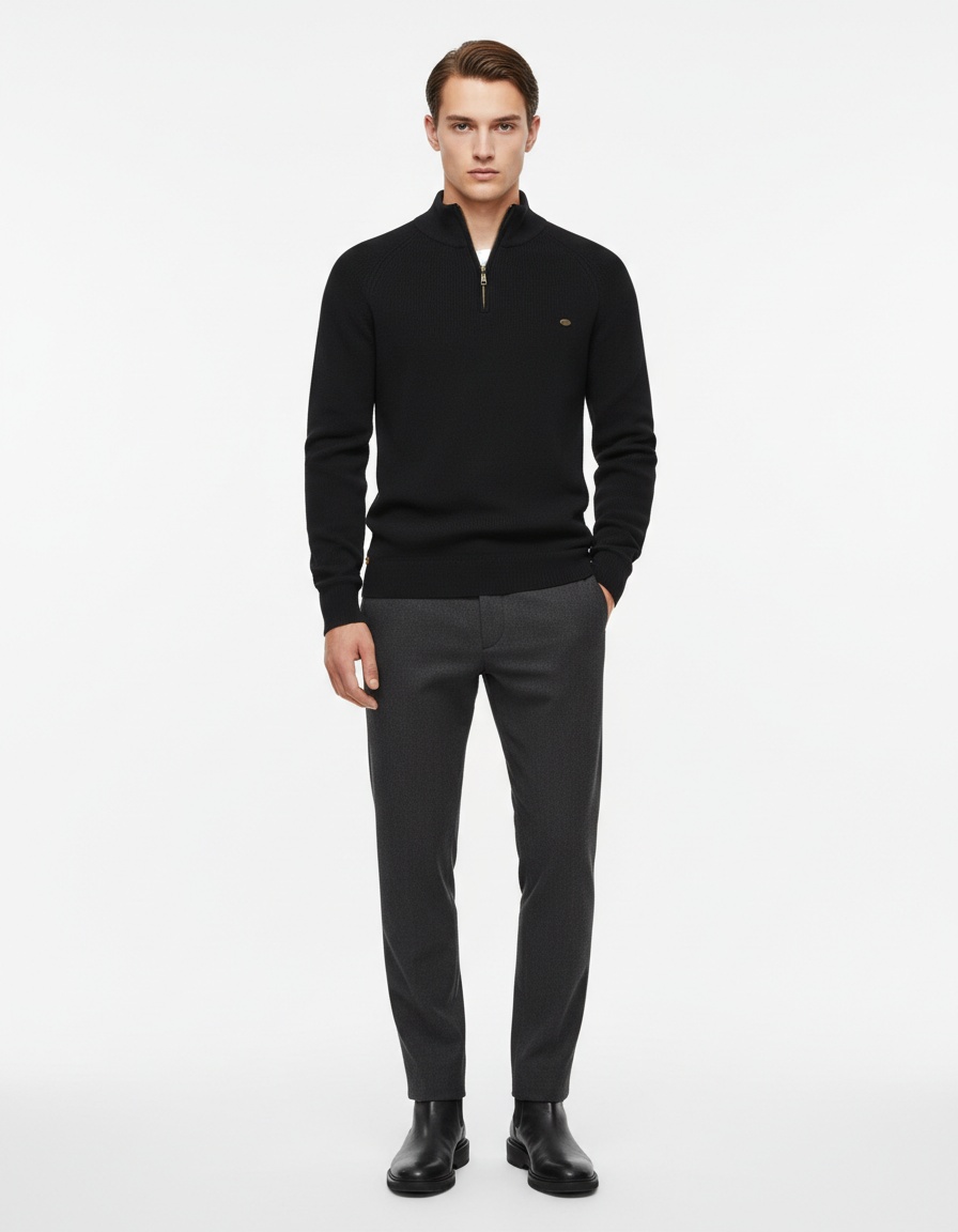 Suéter de punto sólido transpirable con cuello alto y media cremallera premium para hombre, para uso informal en otoño e invierno.