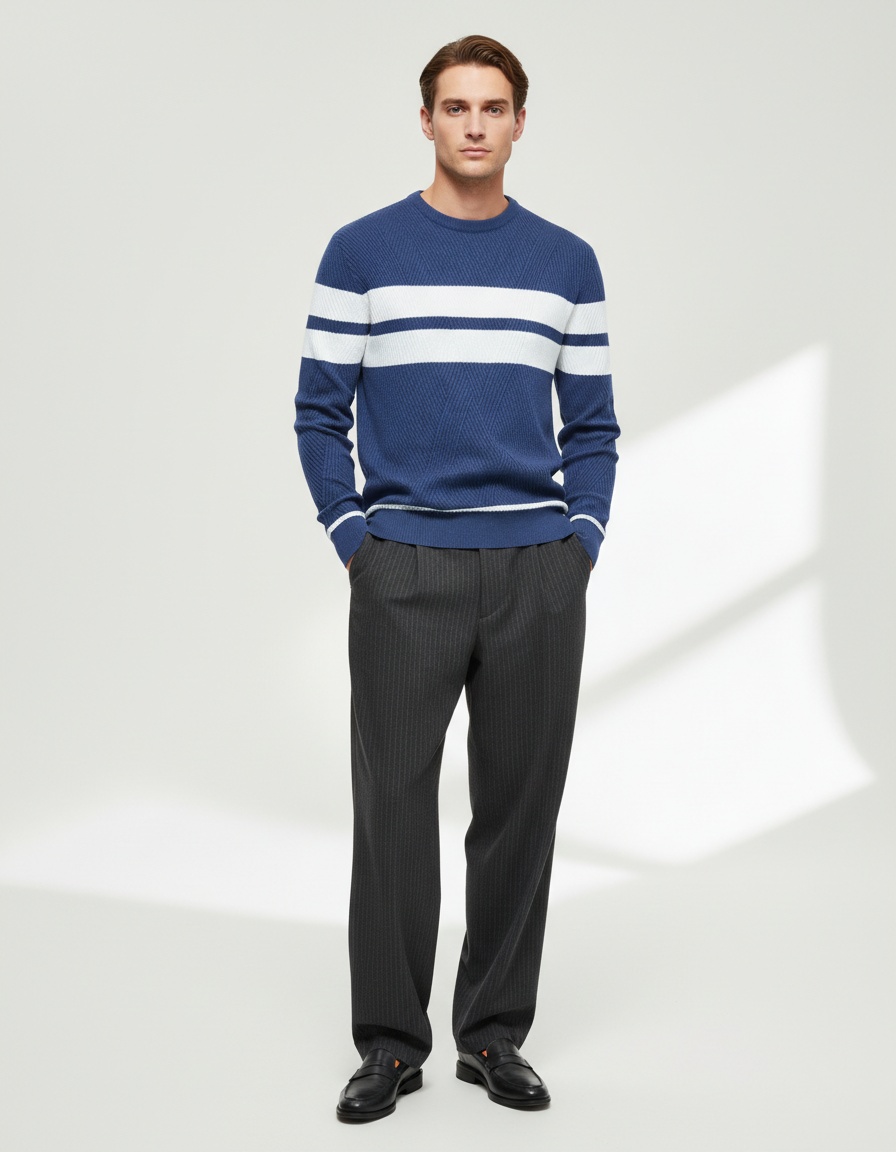 Jersey de cuello redondo con bloques de color a rayas para hombre