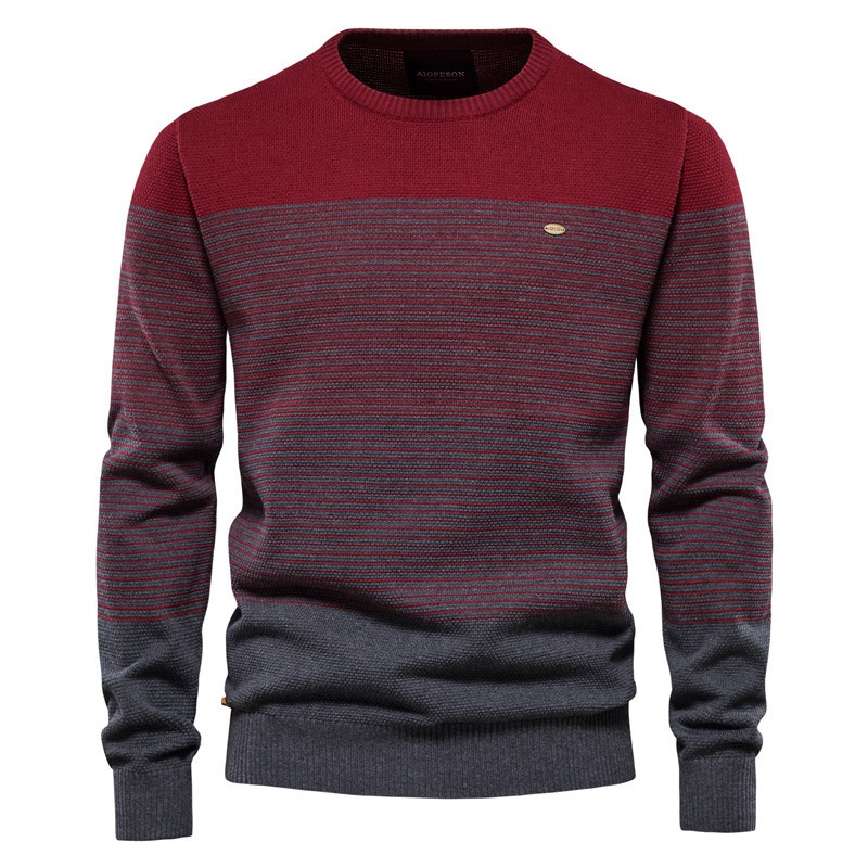 Slim Fit Patchwork Color Block Men's Knit Sweater for Autumn and Winter Casual Wear