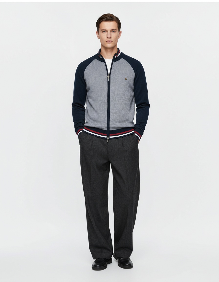 Slim Fit Patchwork Color Block Men's Knit Sweater for Autumn and Winter Casual Wear