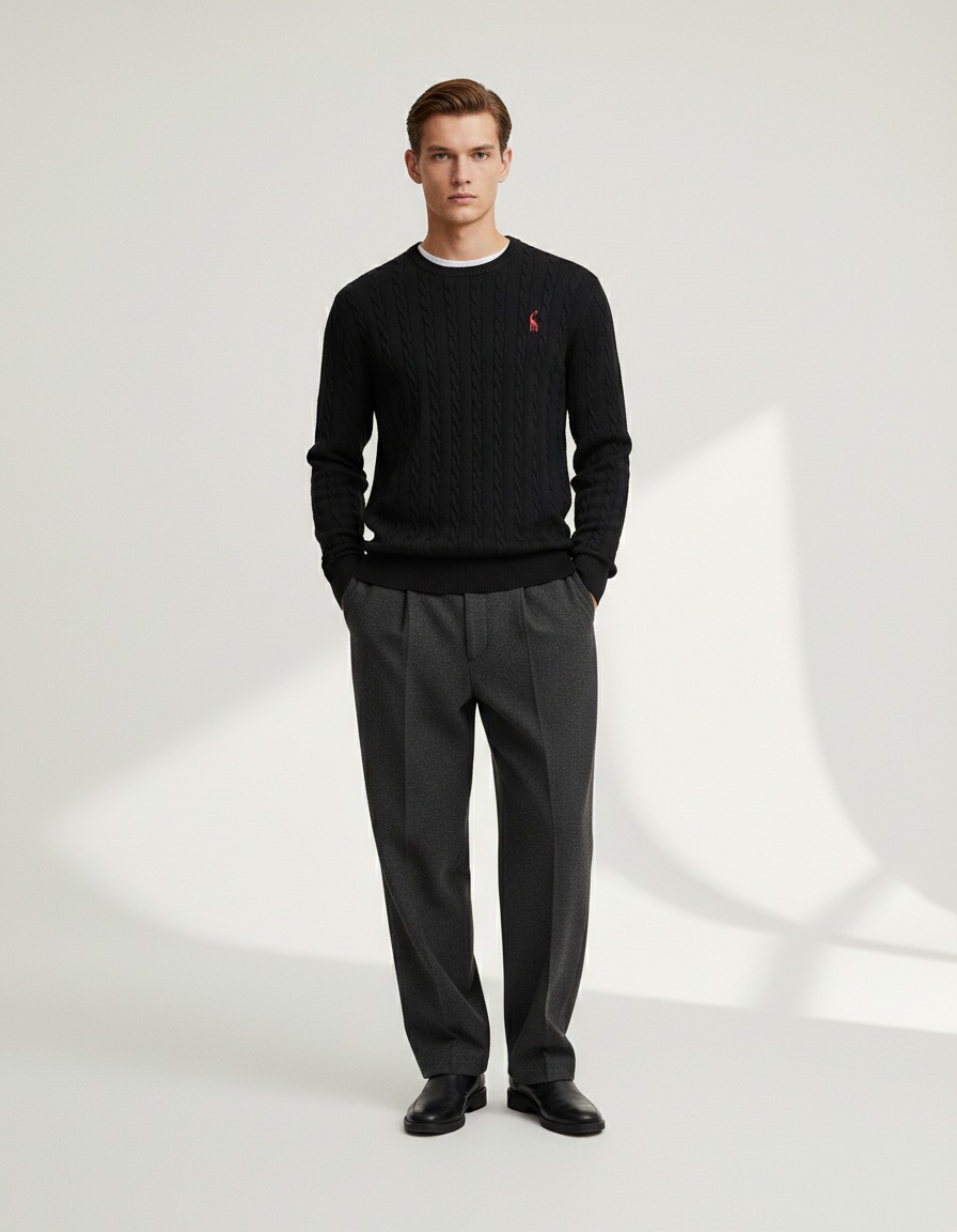 Pull en maille unie pour homme avec broderie cerf, idéal pour les tenues décontractées d'hiver.