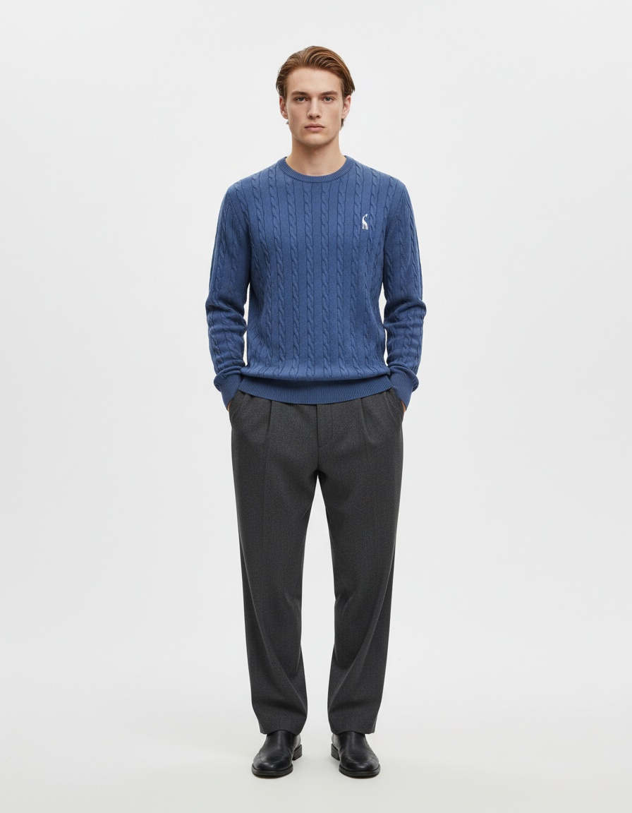 Pull en maille unie pour homme avec broderie cerf, idéal pour les tenues décontractées d'hiver.