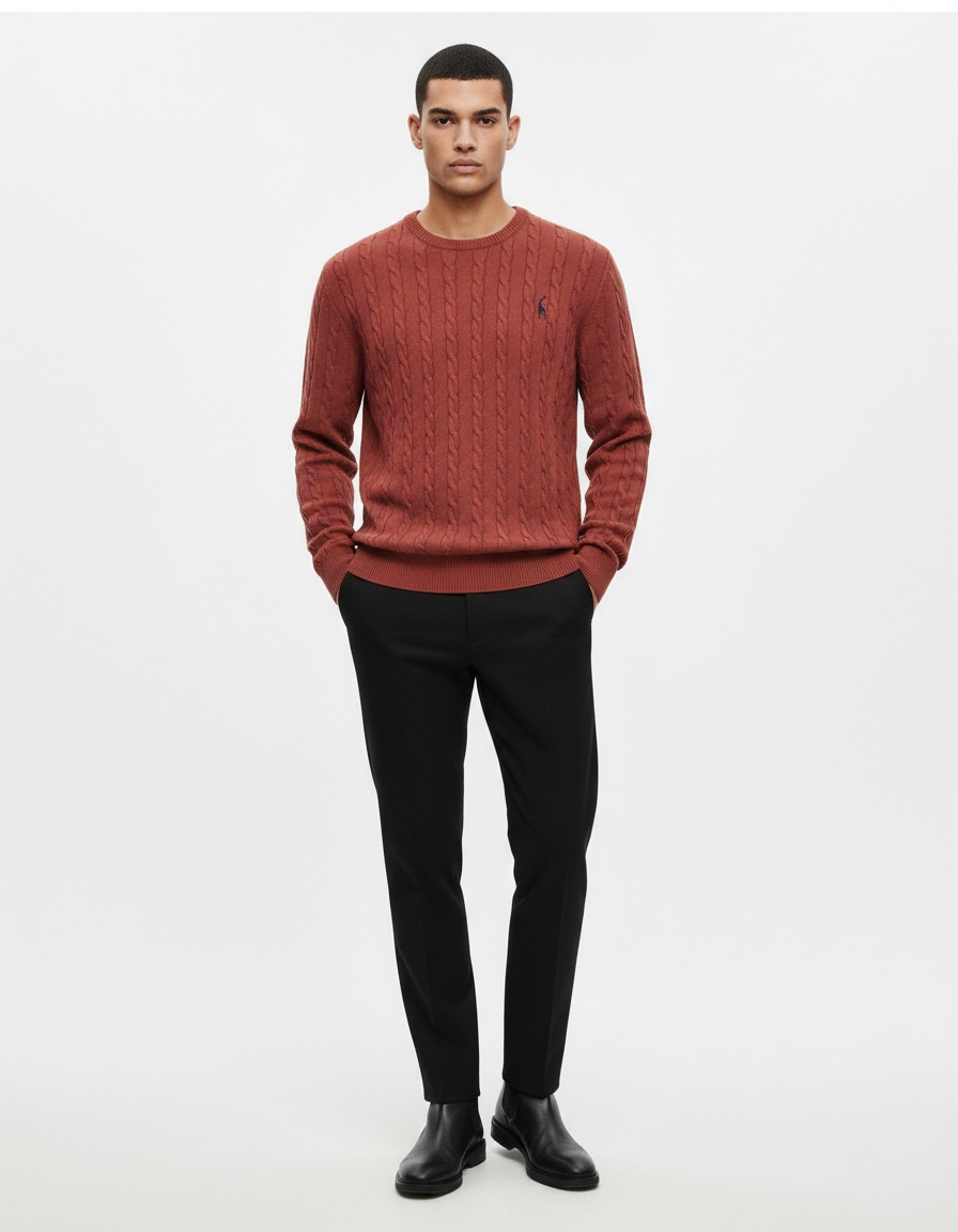 Pull en maille unie pour homme avec broderie cerf, idéal pour les tenues décontractées d'hiver.