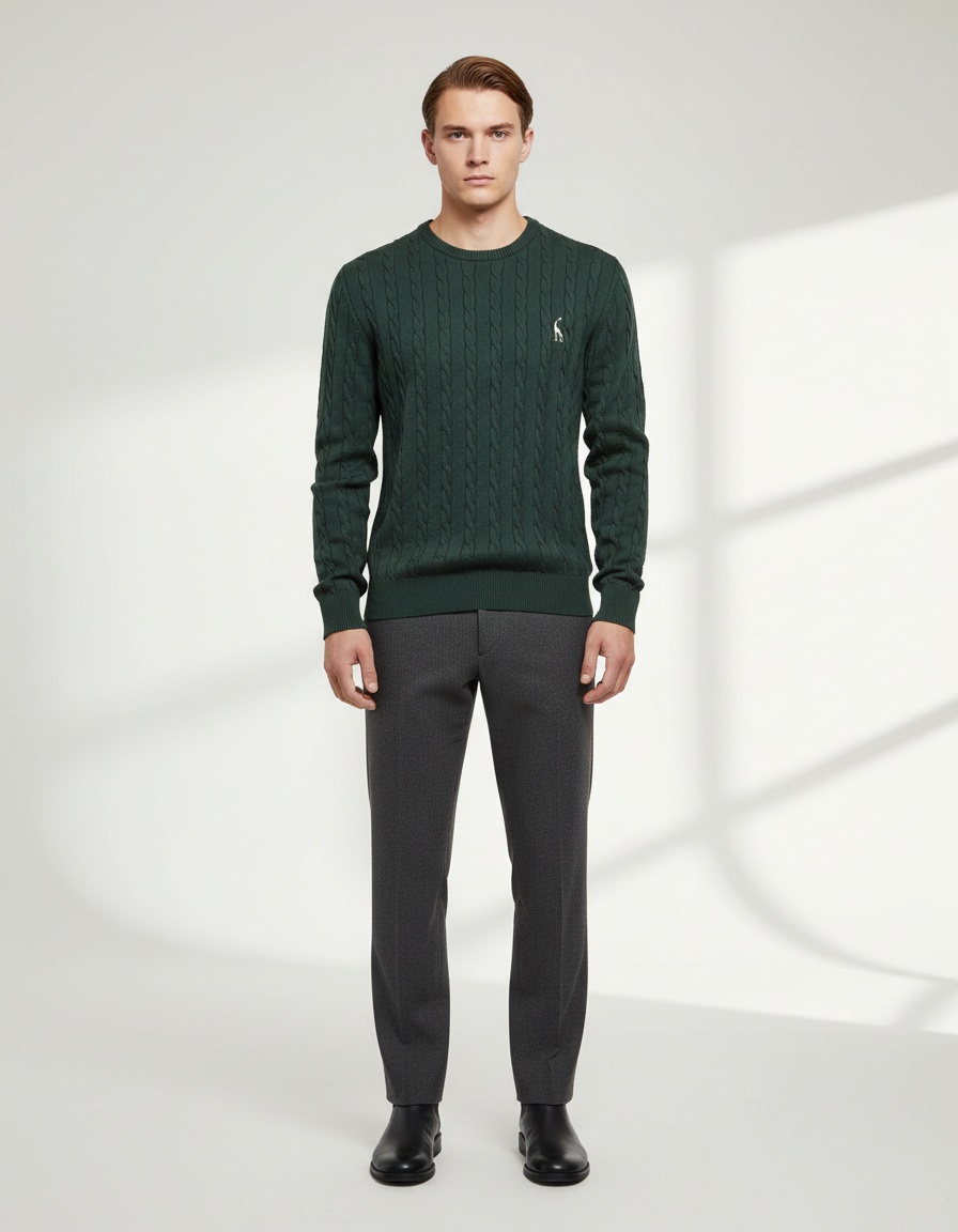 Pull en maille unie pour homme avec broderie cerf, idéal pour les tenues décontractées d'hiver.