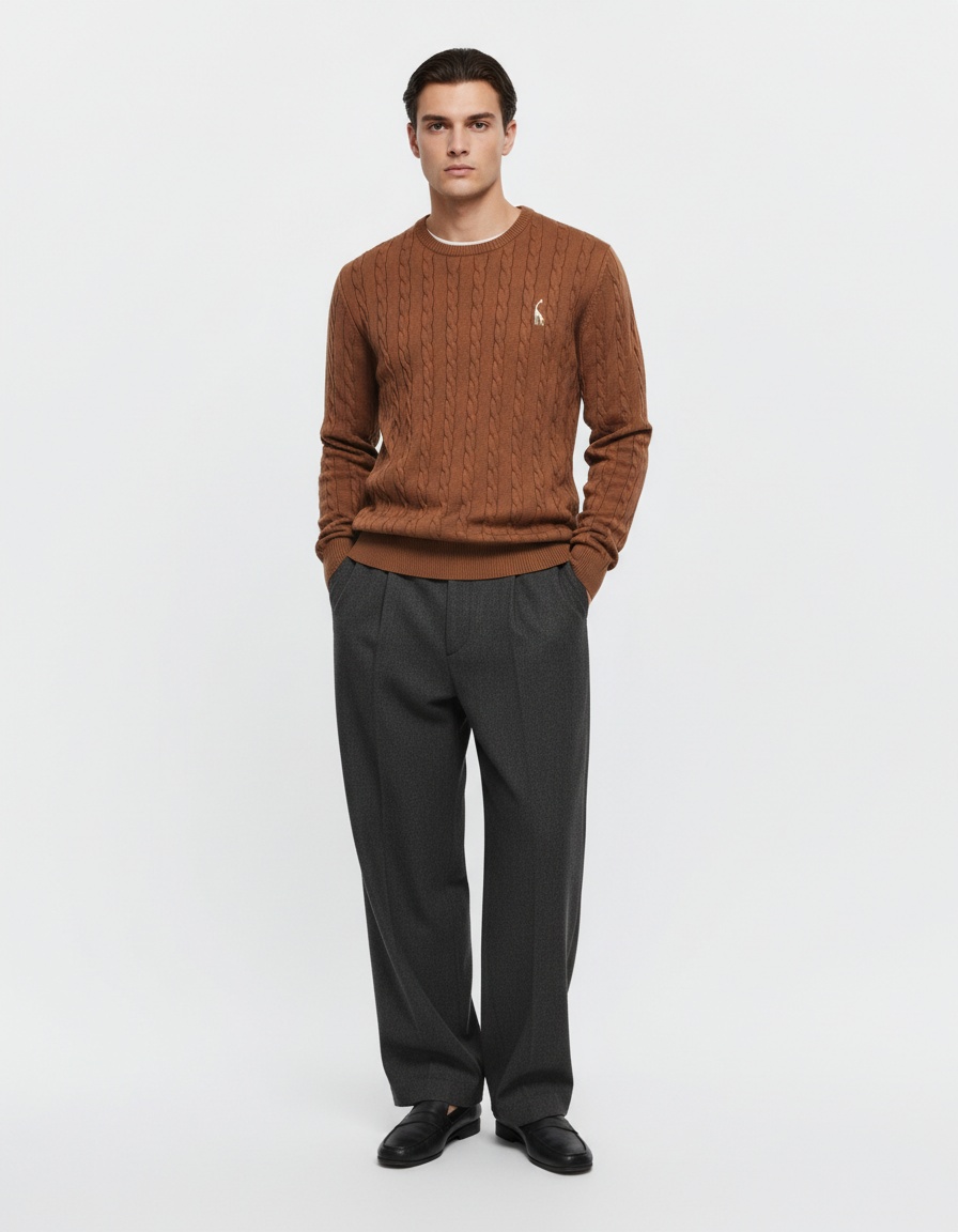 Pull en maille unie pour homme avec broderie cerf, idéal pour les tenues décontractées d'hiver.