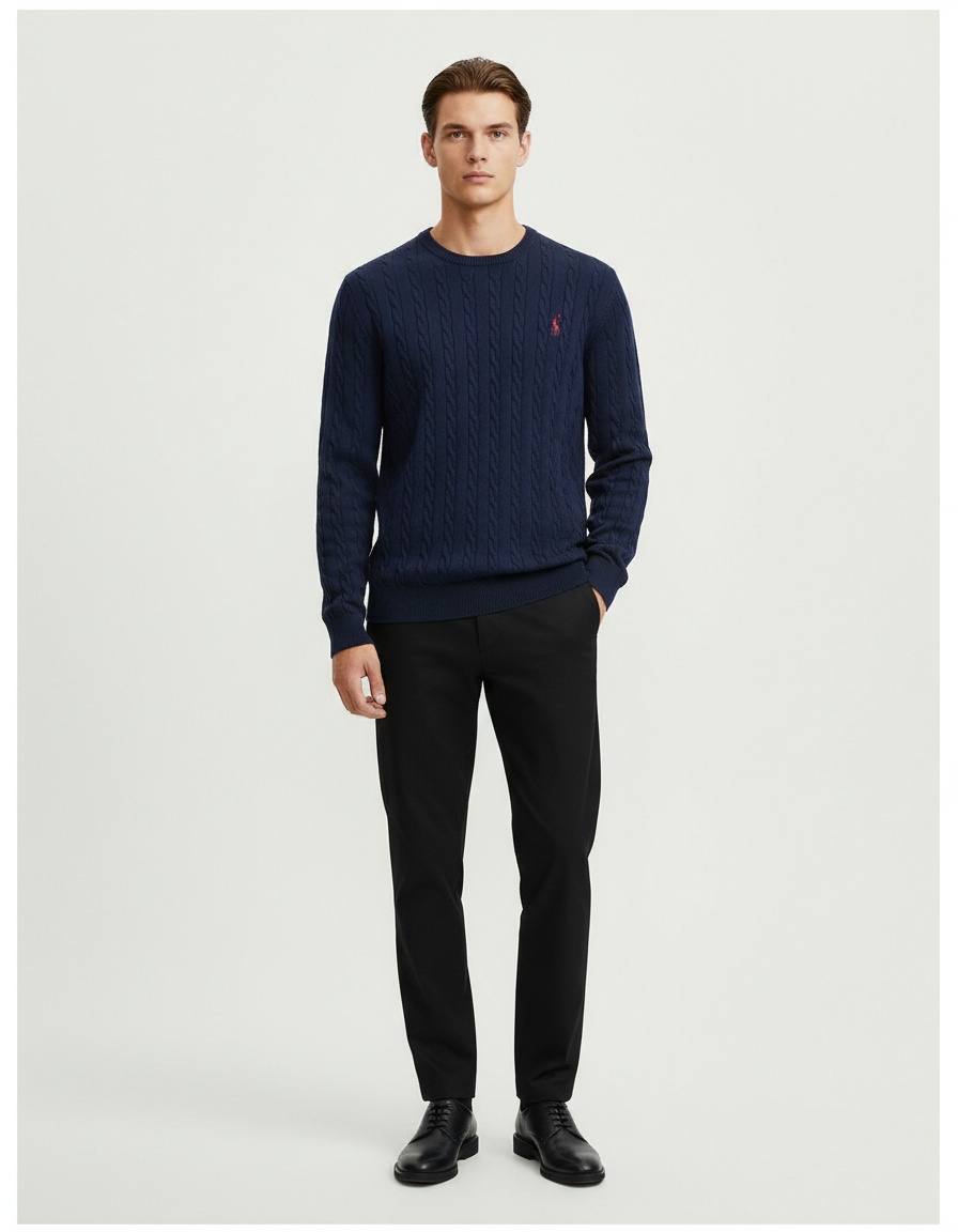 Pull en maille unie pour homme avec broderie cerf, idéal pour les tenues décontractées d'hiver.