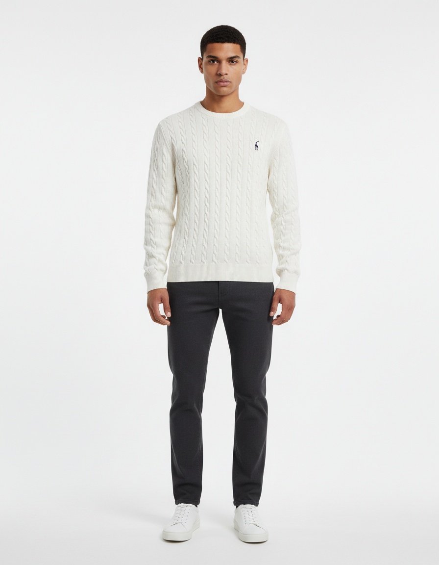 Pull en maille unie pour homme avec broderie cerf, idéal pour les tenues décontractées d'hiver.