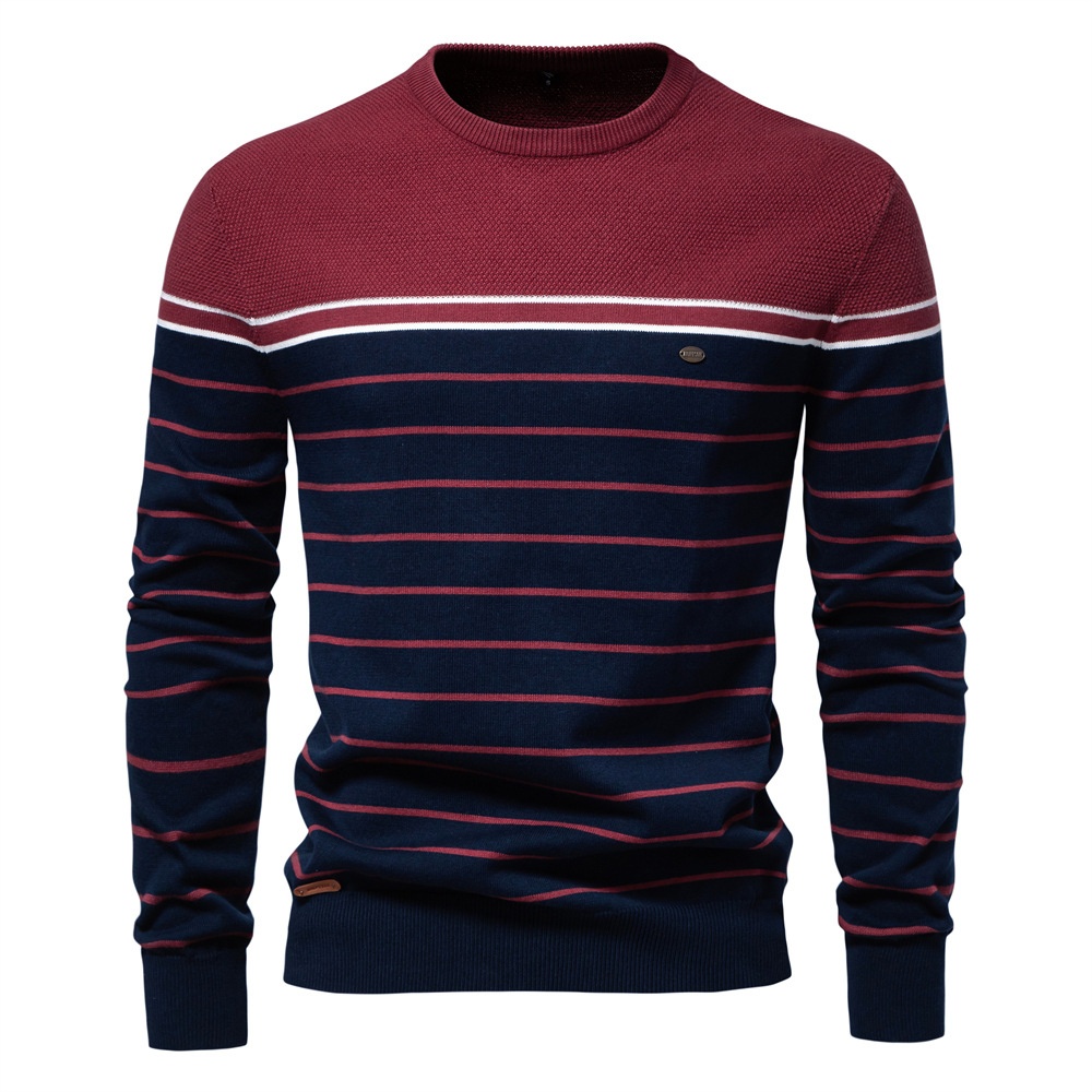 Striped Color Block Crew Neck Long-Sleeve Men's Knit Sweater for Autumn and Winter Casual Wear