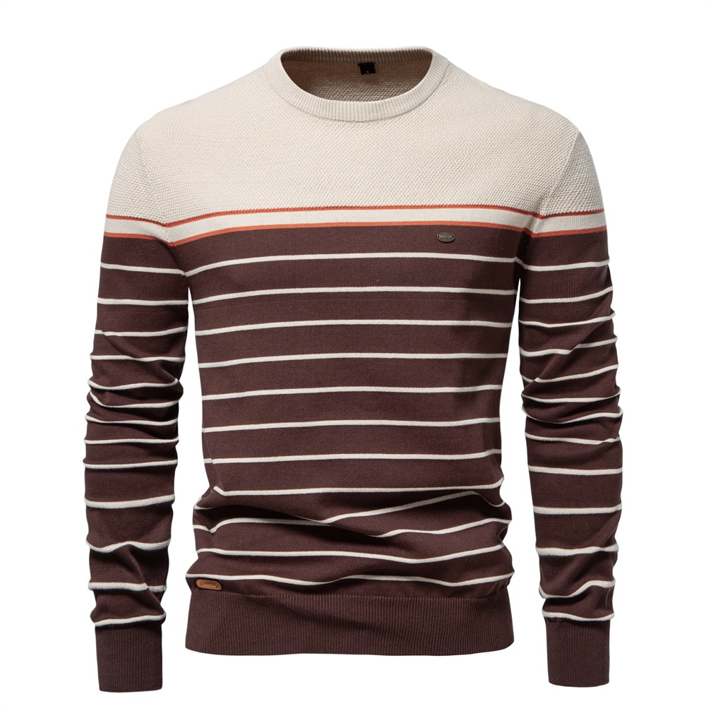Striped Color Block Crew Neck Long-Sleeve Men's Knit Sweater for Autumn and Winter Casual Wear