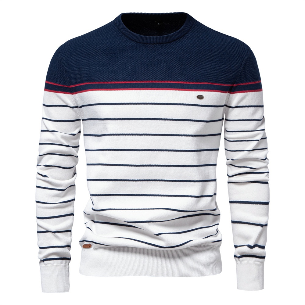Striped Color Block Crew Neck Long-Sleeve Men's Knit Sweater for Autumn and Winter Casual Wear