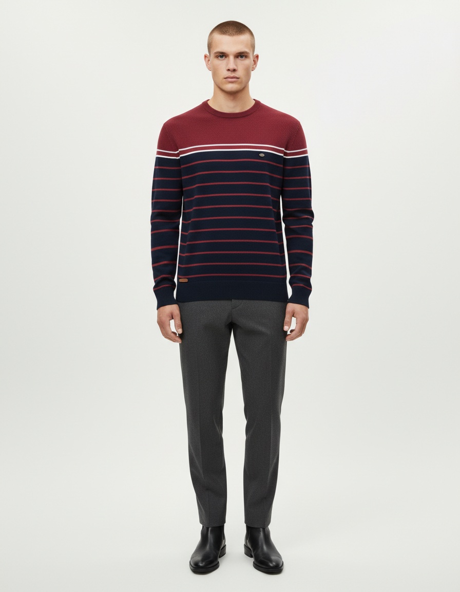 Striped Color Block Crew Neck Long-Sleeve Men's Knit Sweater for Autumn and Winter Casual Wear
