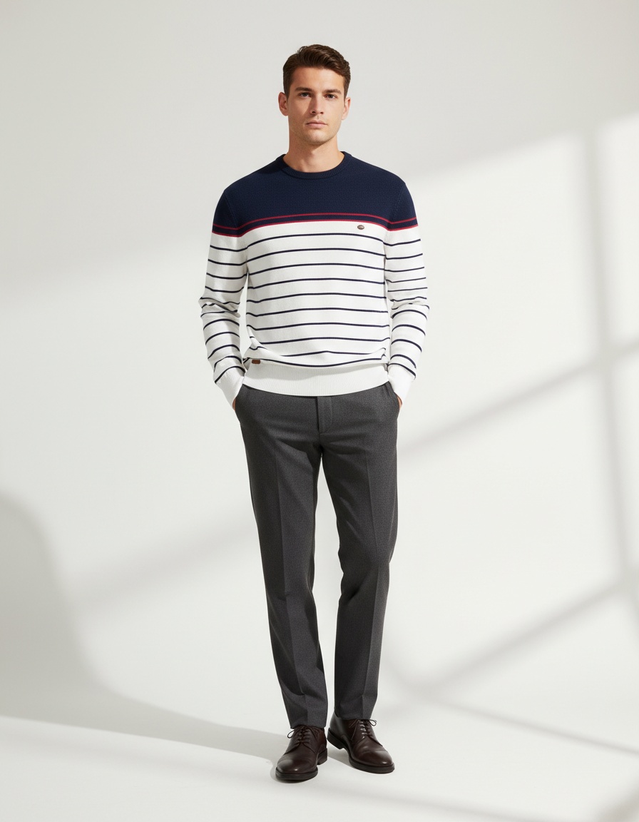 Striped Color Block Crew Neck Long-Sleeve Men's Knit Sweater for Autumn and Winter Casual Wear