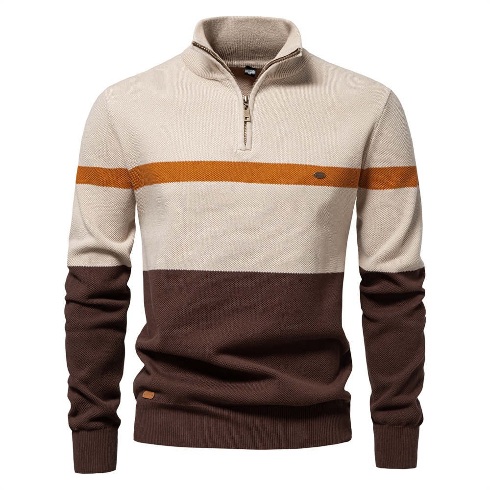 Premium Stand Collar Color Block Half-Zip Men's Knit Sweater for Autumn and Winter Casual Wear