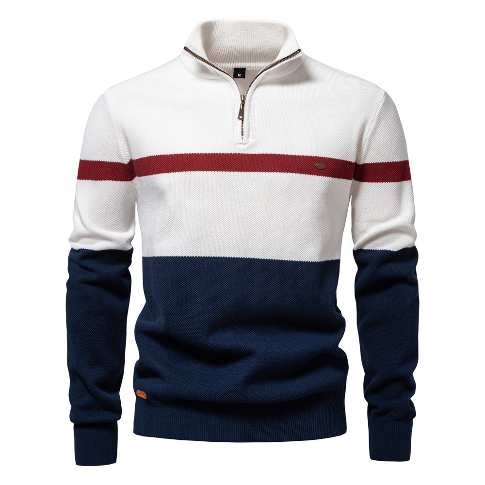 Premium Stand Collar Color Block Half-Zip Men's Knit Sweater for Autumn and Winter Casual Wear