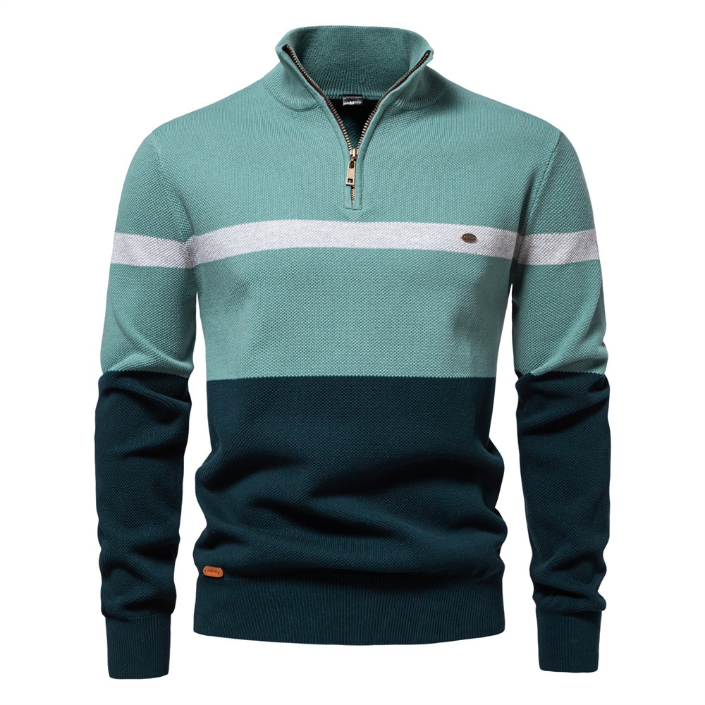 Premium Stand Collar Color Block Half-Zip Men's Knit Sweater for Autumn and Winter Casual Wear