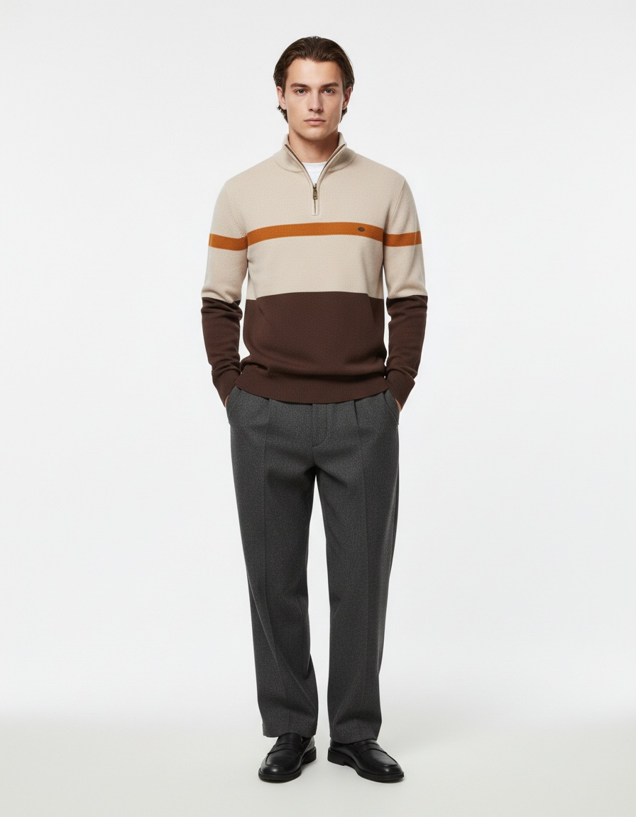 Premium Stand Collar Color Block Half-Zip Men's Knit Sweater for Autumn and Winter Casual Wear