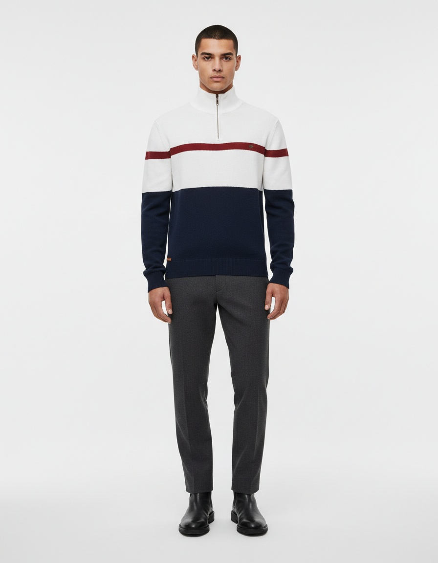 Premium Stand Collar Color Block Half-Zip Men's Knit Sweater for Autumn and Winter Casual Wear