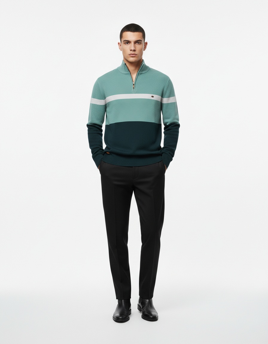 Premium Stand Collar Color Block Half-Zip Men's Knit Sweater for Autumn and Winter Casual Wear