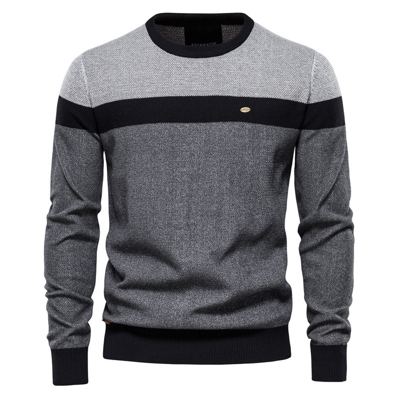 Striped Patchwork Round Neck Men's Sweater for Autumn Casual Wear