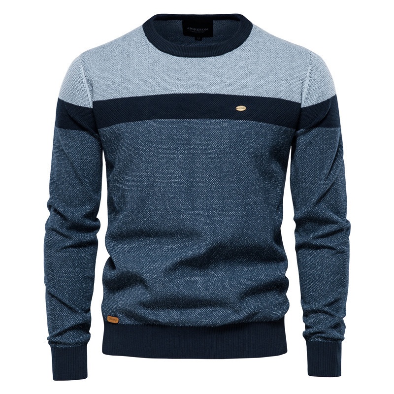 Striped Patchwork Round Neck Men's Sweater for Autumn Casual Wear