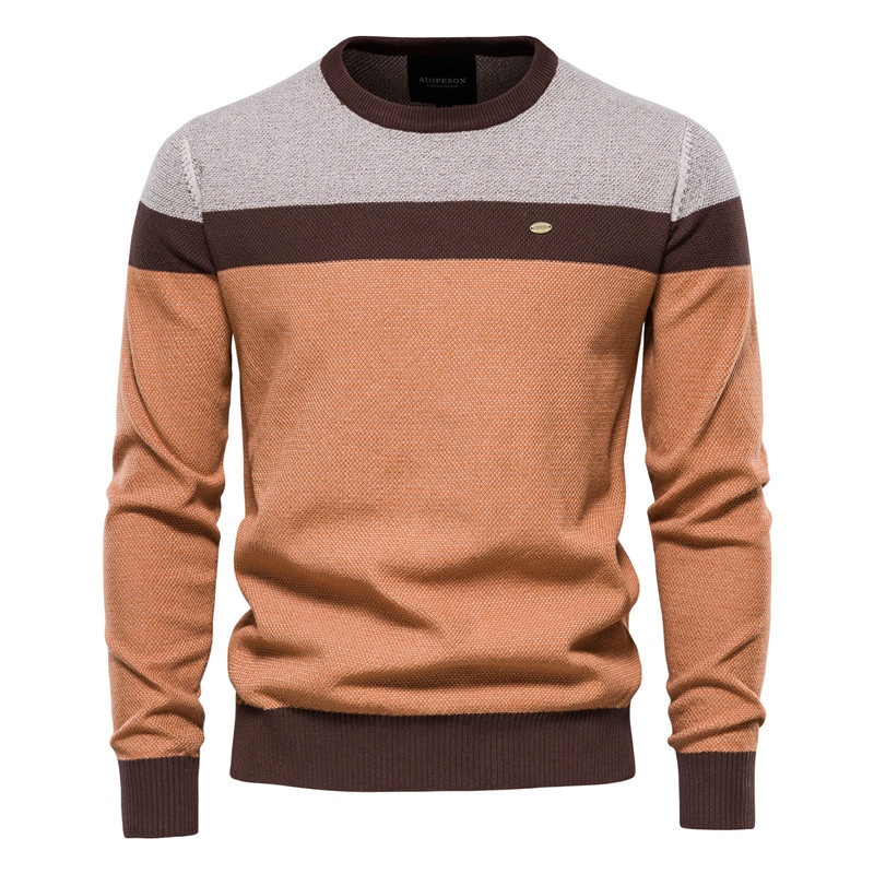 Striped Patchwork Round Neck Men's Sweater for Autumn Casual Wear