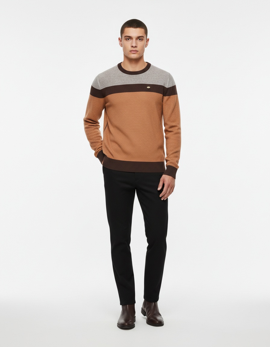 Striped Patchwork Round Neck Men's Sweater for Autumn Casual Wear