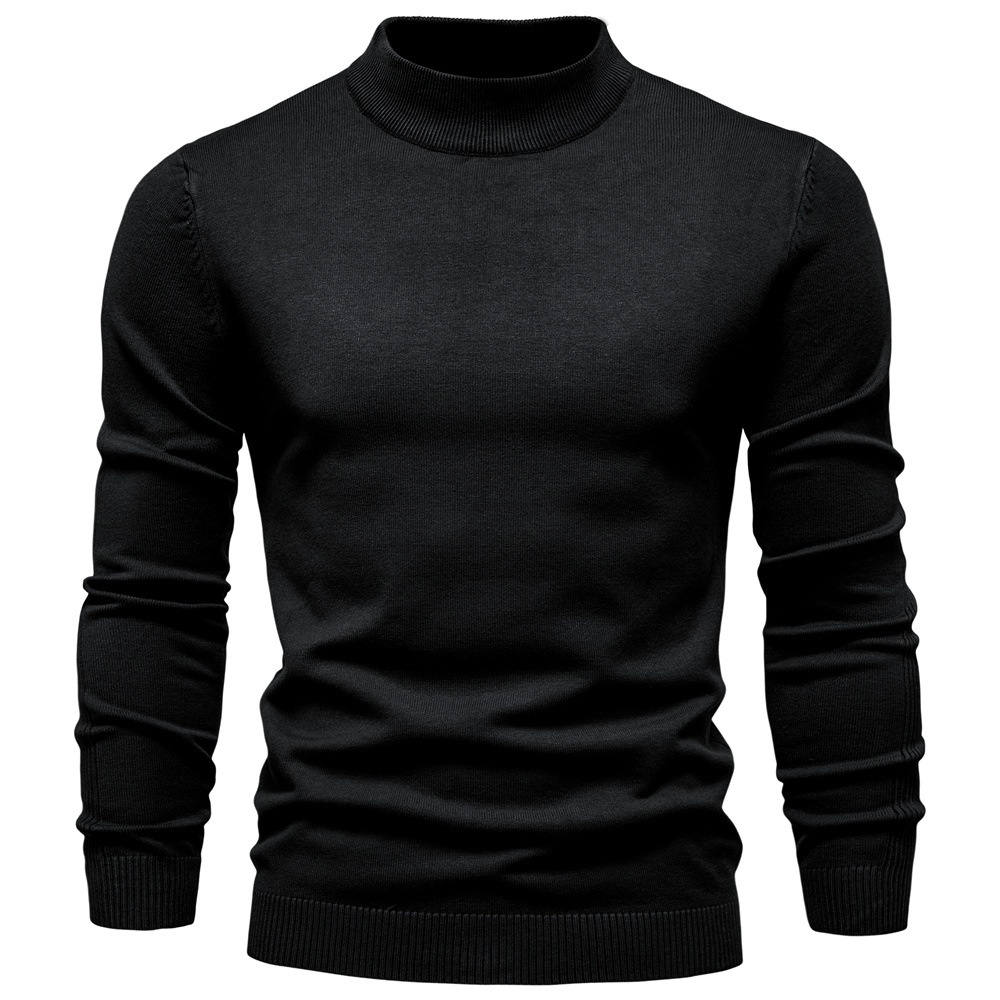 Warm Slim Fit Mock Neck Winter Knitwear, Long Sleeve Men's Sweater with Multi-Color Ribbing