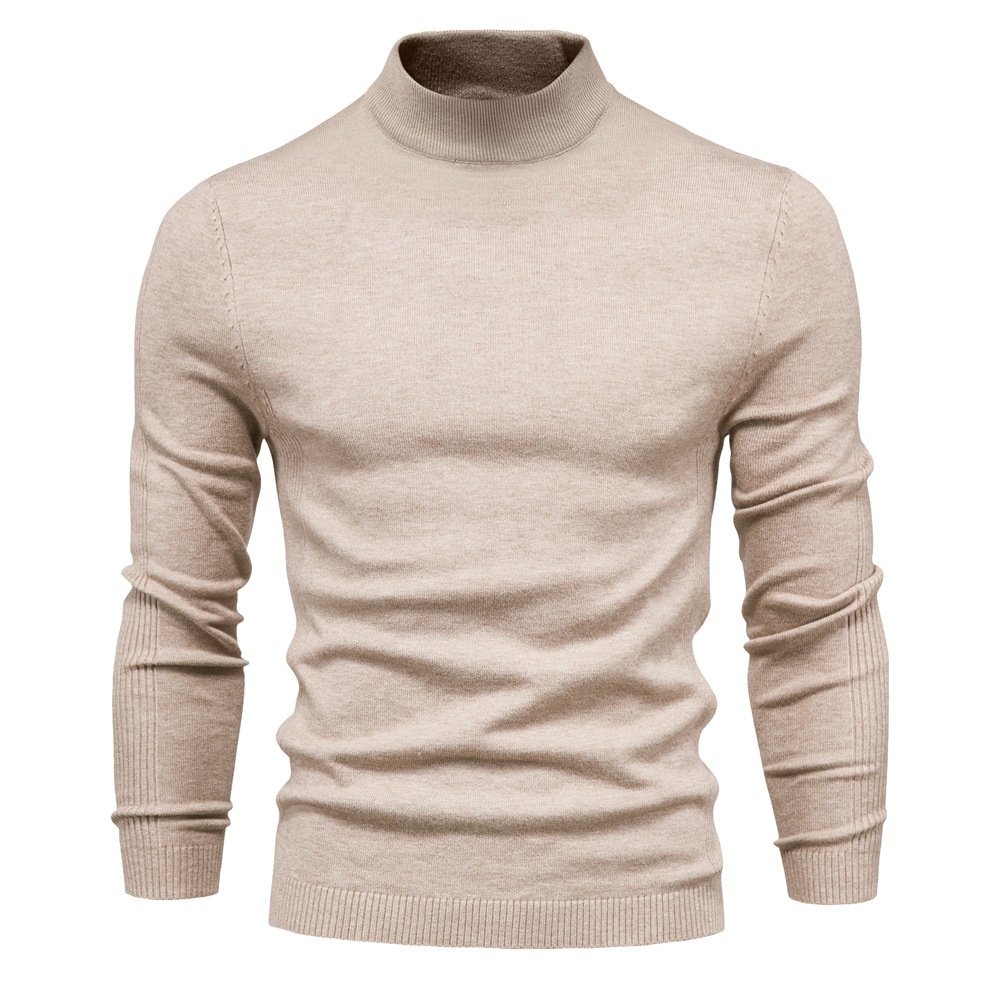 Warm Slim Fit Mock Neck Winter Knitwear, Long Sleeve Men's Sweater with Multi-Color Ribbing