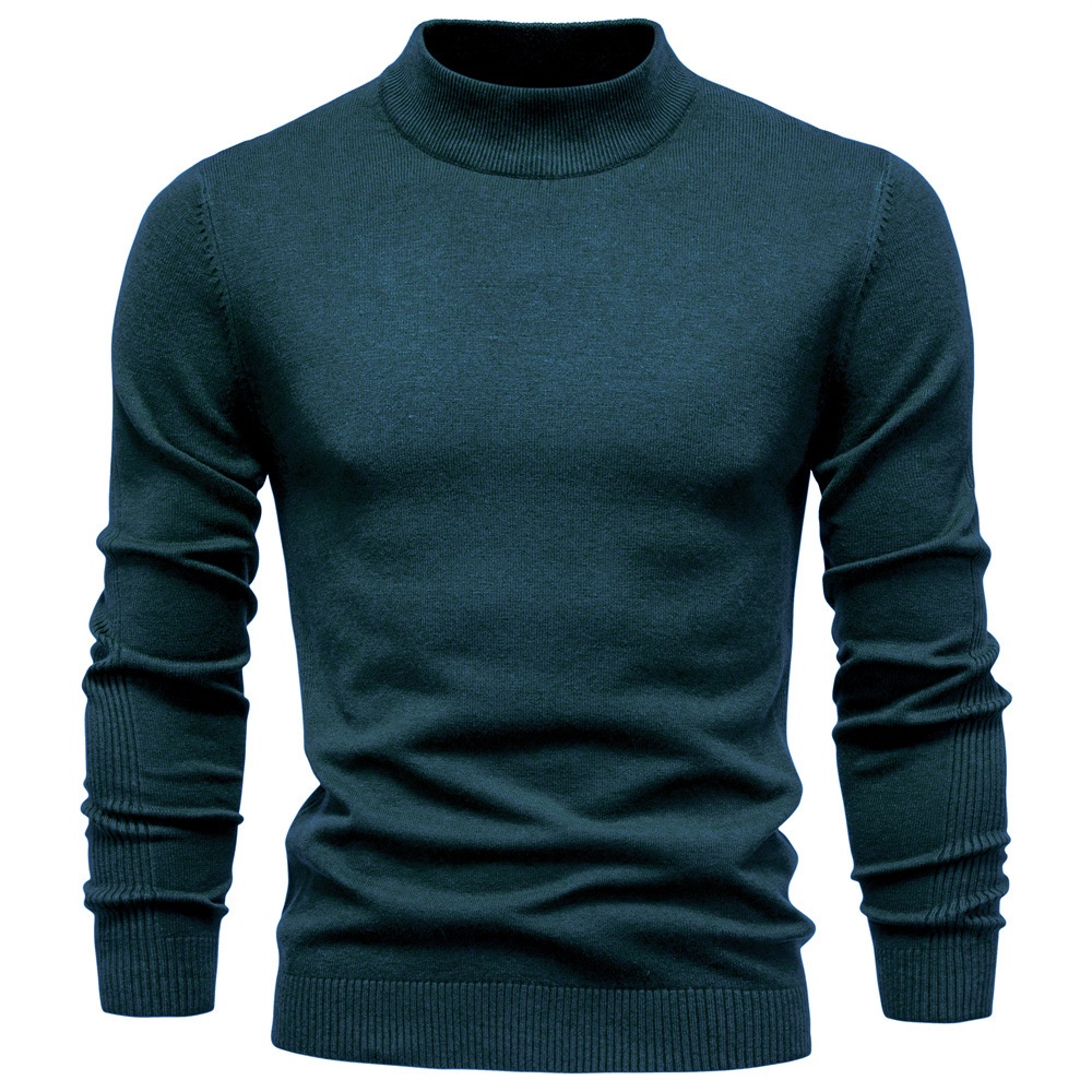 Warm Slim Fit Mock Neck Winter Knitwear, Long Sleeve Men's Sweater with Multi-Color Ribbing