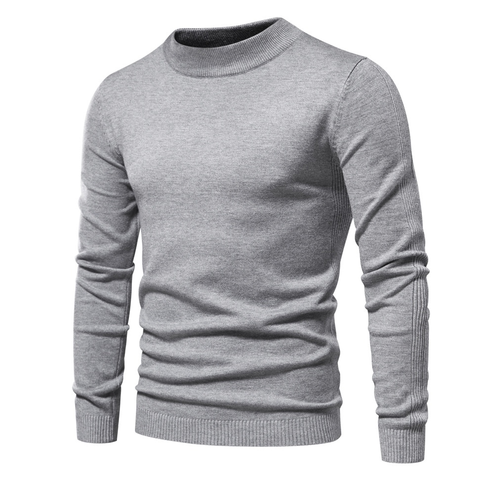 Warm Slim Fit Mock Neck Winter Knitwear, Long Sleeve Men's Sweater with Multi-Color Ribbing