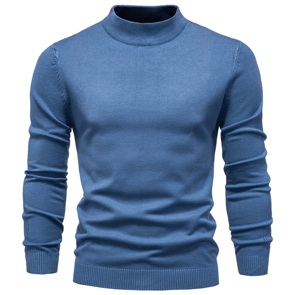 Warm Slim Fit Mock Neck Winter Knitwear, Long Sleeve Men's Sweater with Multi-Color Ribbing