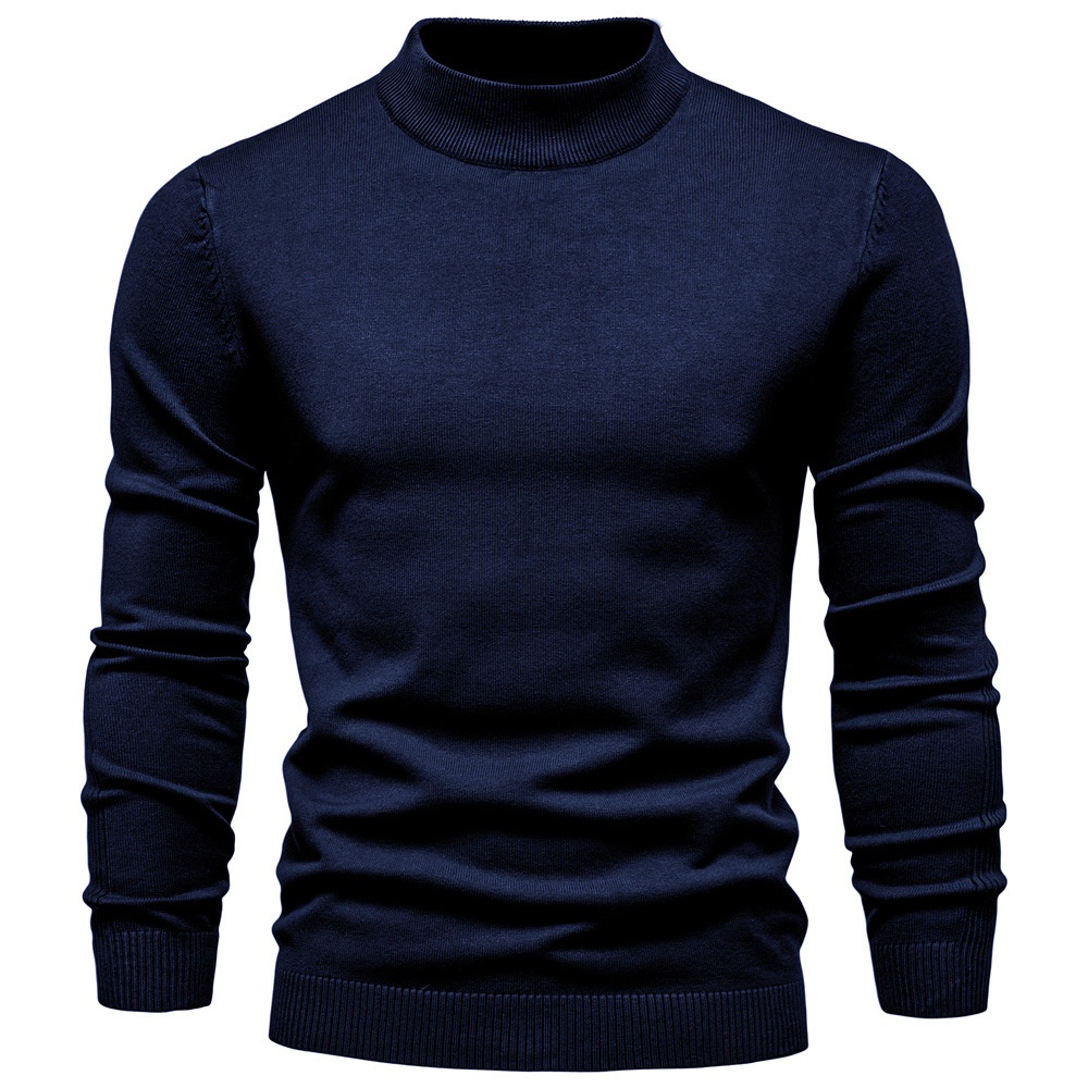 Warm Slim Fit Mock Neck Winter Knitwear, Long Sleeve Men's Sweater with Multi-Color Ribbing