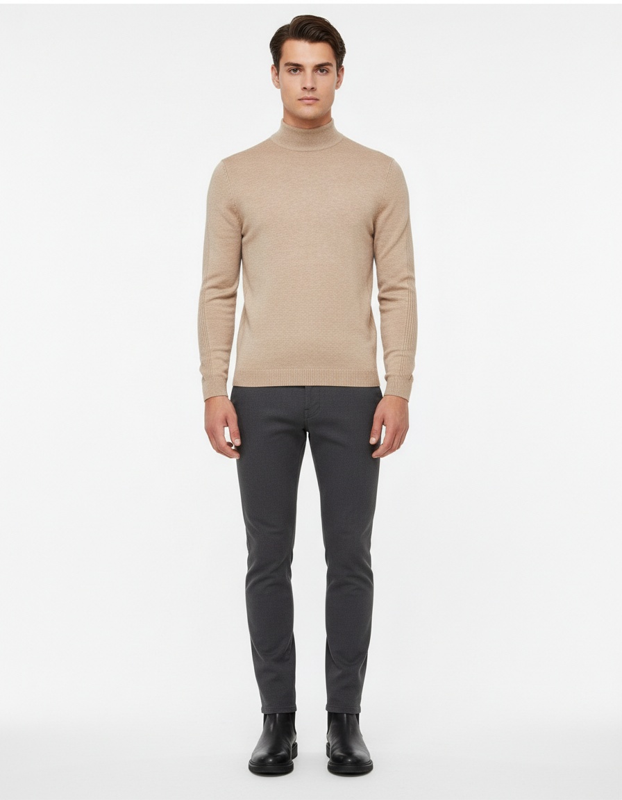 Warm Slim Fit Mock Neck Winter Knitwear, Long Sleeve Men's Sweater with Multi-Color Ribbing