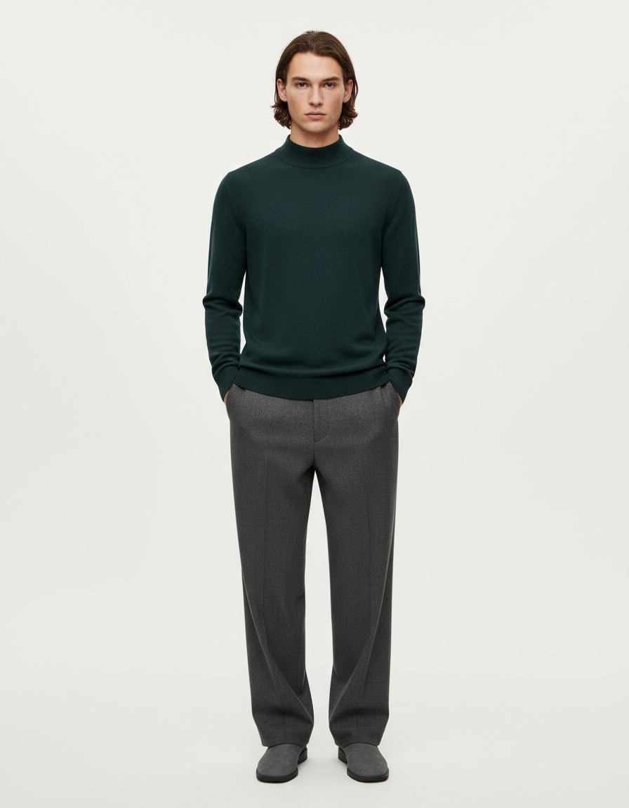 Warm Slim Fit Mock Neck Winter Knitwear, Long Sleeve Men's Sweater with Multi-Color Ribbing