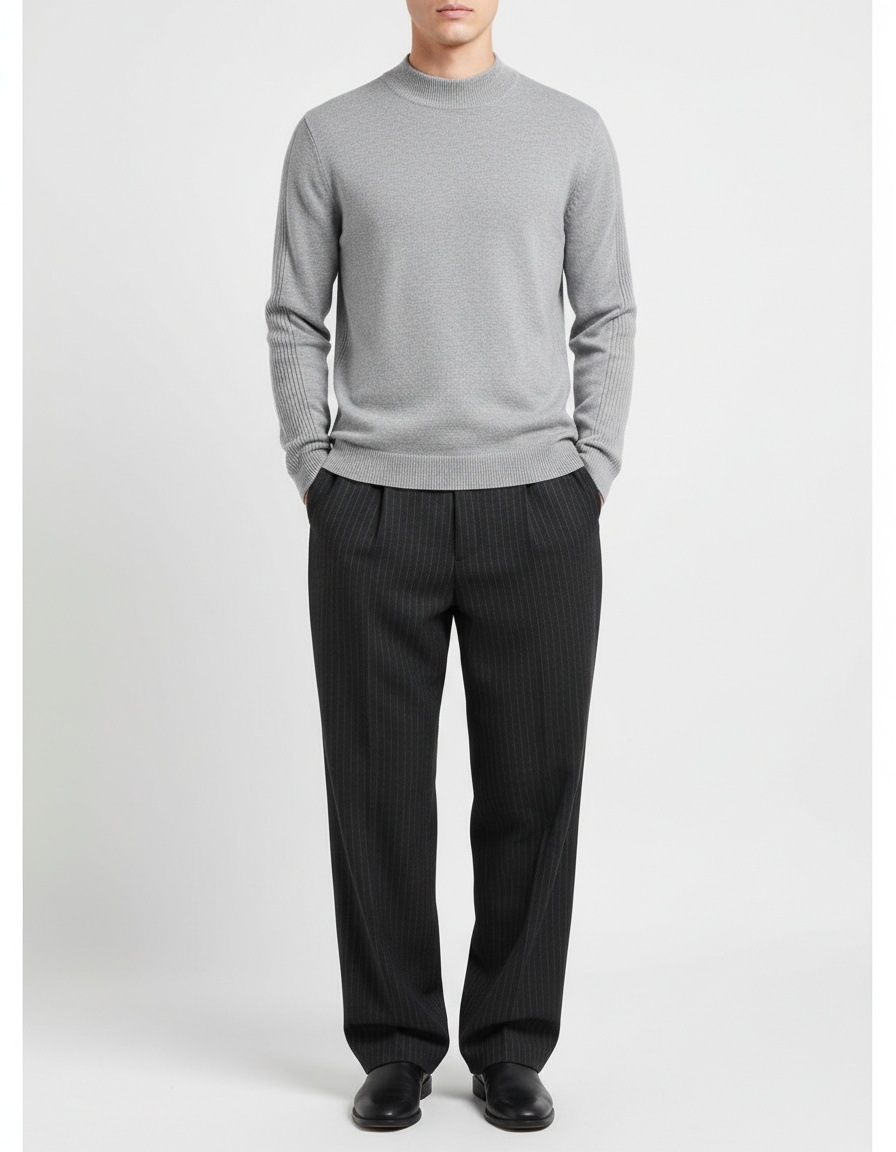 Warm Slim Fit Mock Neck Winter Knitwear, Long Sleeve Men's Sweater with Multi-Color Ribbing