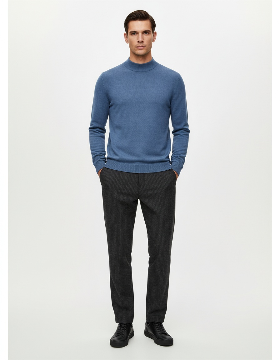 Warm Slim Fit Mock Neck Winter Knitwear, Long Sleeve Men's Sweater with Multi-Color Ribbing