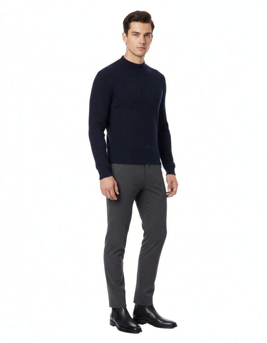 Warm Slim Fit Mock Neck Winter Knitwear, Long Sleeve Men's Sweater with Multi-Color Ribbing
