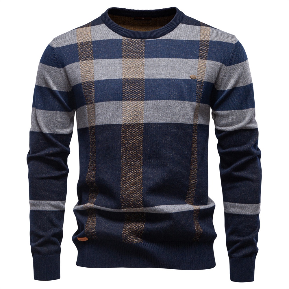 Plaid Check Knitted Winter Pullover, Fashionable Business Casual Men's Sweater