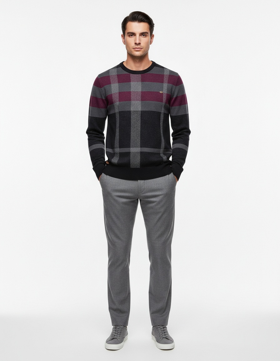 Plaid Check Knitted Winter Pullover, Fashionable Business Casual Men's Sweater