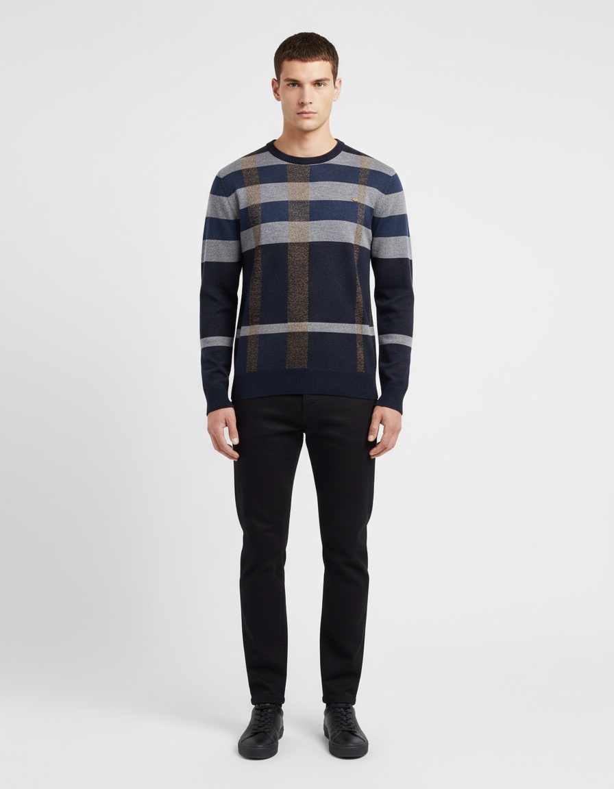 Plaid Check Knitted Winter Pullover, Fashionable Business Casual Men's Sweater