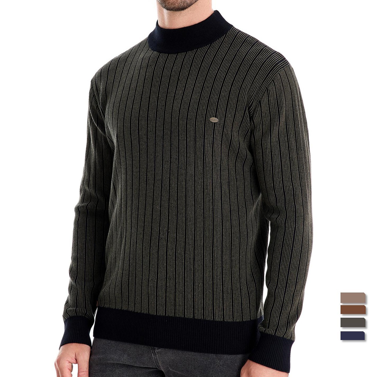Men's Slim Fit Striped High-Neck Pullover Sweater for Autumn and Winter