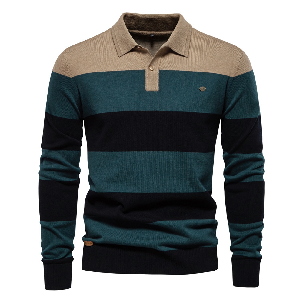 Men's Slim Fit Striped Patchwork Casual Autumn Polo Sweater