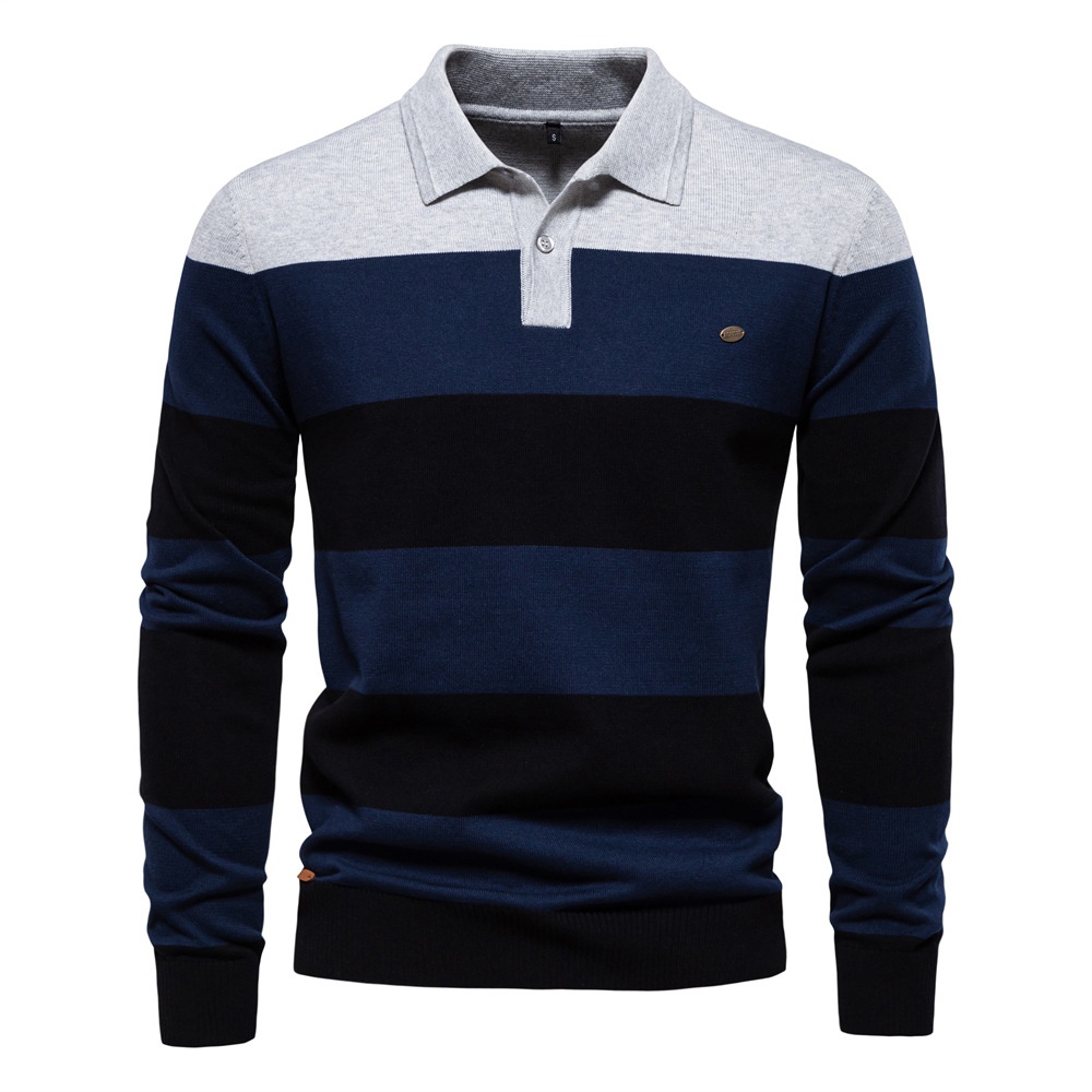 Men's Slim Fit Striped Patchwork Casual Autumn Polo Sweater